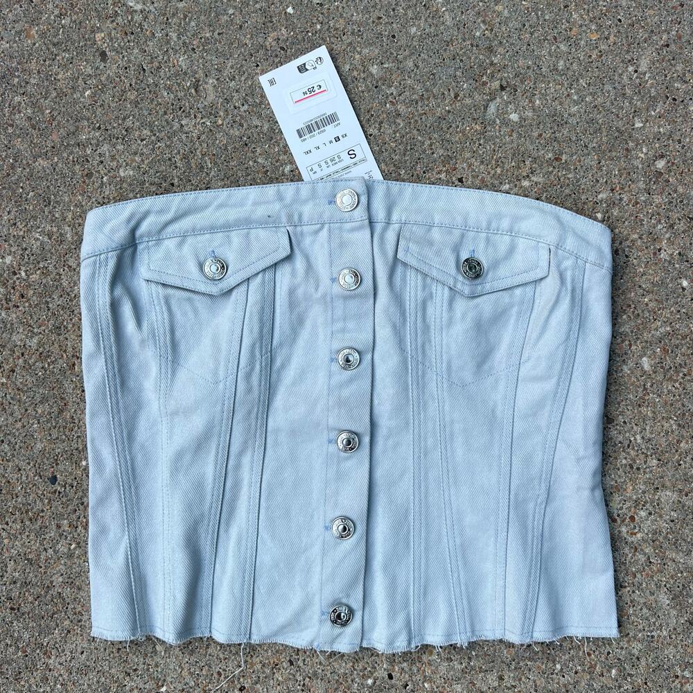 Zara Denim Corset Crop Top Strapless Silver Blogger Favorite NEW Small